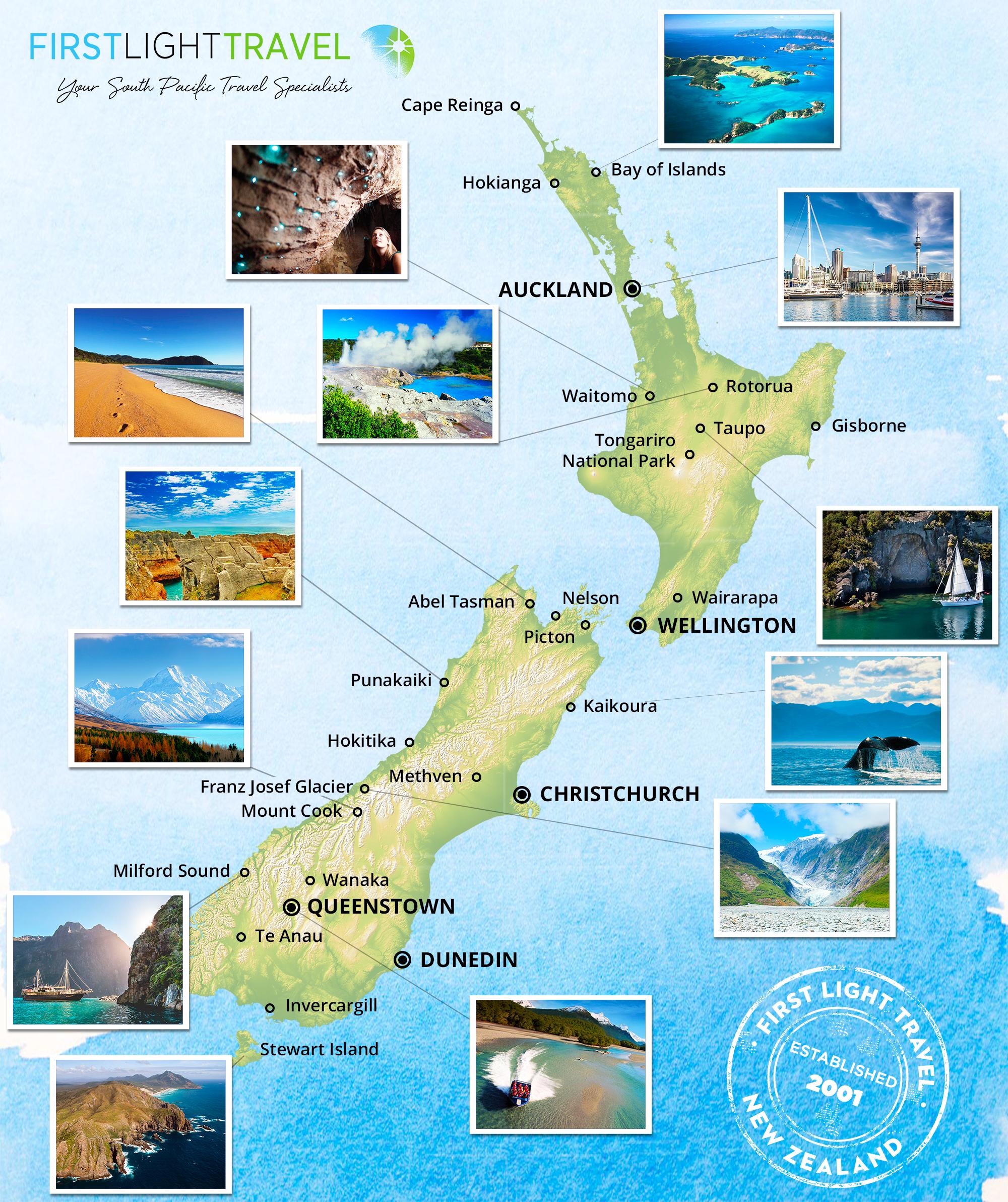 Tourist map of New Zealand tourist attractions and monuments of New